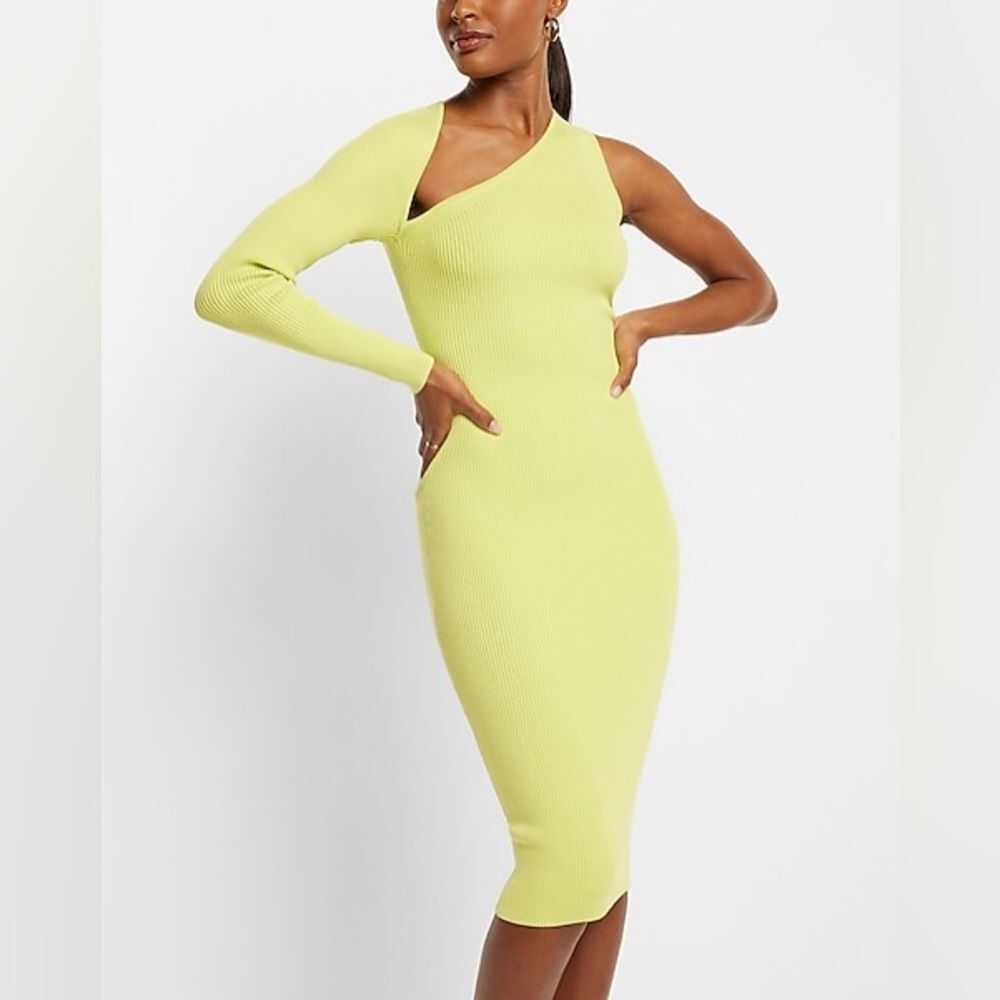 Express Body Contour Ribbed Asymmetrical One Shoulder Midi Sweater Dress XL GREY - Picture 2 of 12
